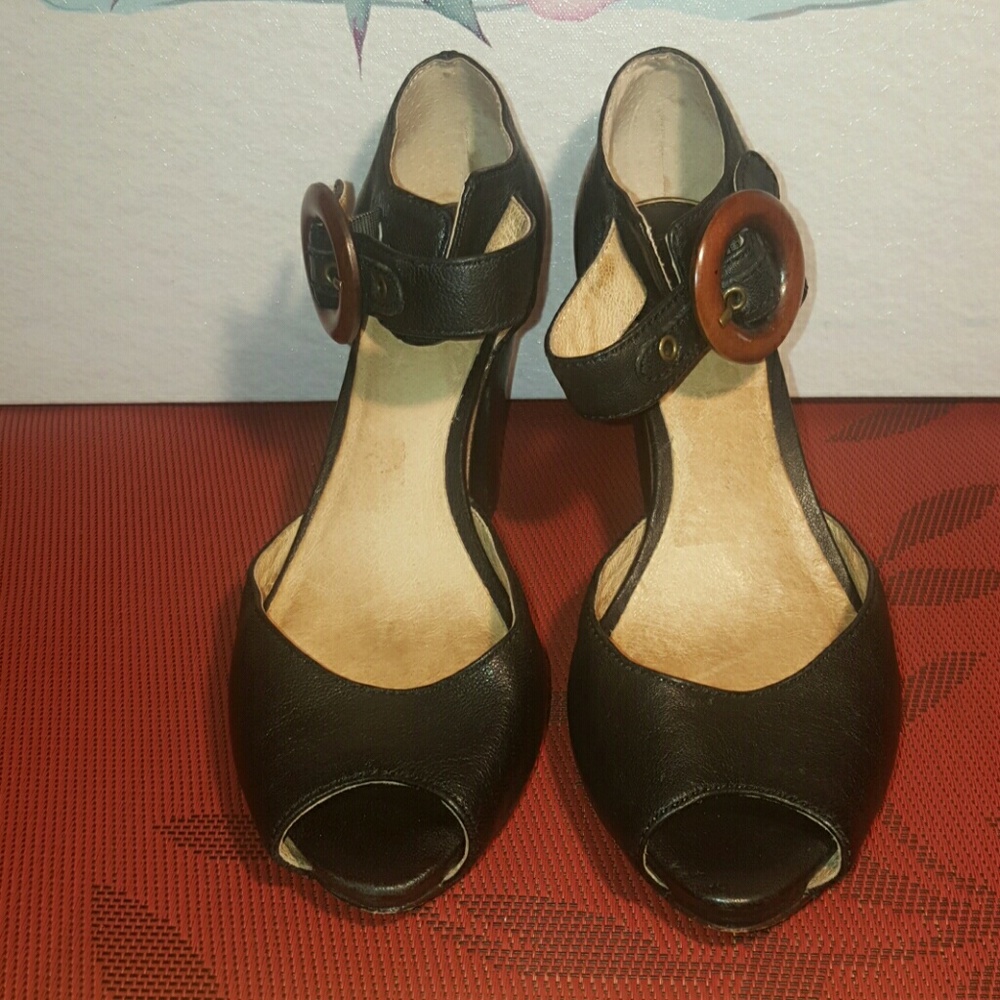 Frye Black Leather Peep Toe Heels